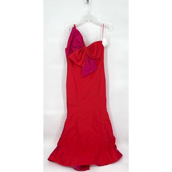 NWT Amsale Coral Fuchsia Duchess Satin Oversize Bow One Shoulder Gown size 10 - Picture 2 of 10